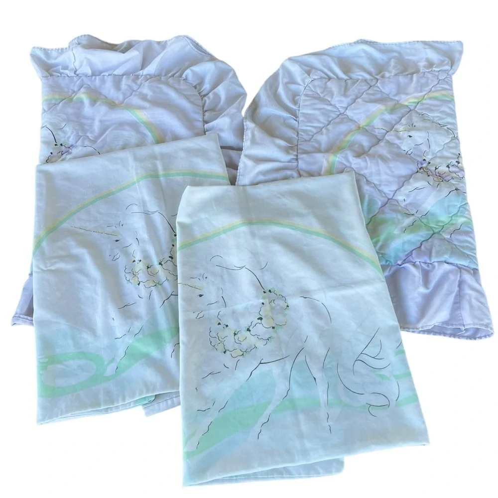 VTG Unicorn Rainbow Sears Young-At-Heart 4-Piece Ruffle Sham Pillowcase Set FLAW